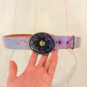 Sold Tooled leather western belt, purple pink artisan blown glass belt buckle 32